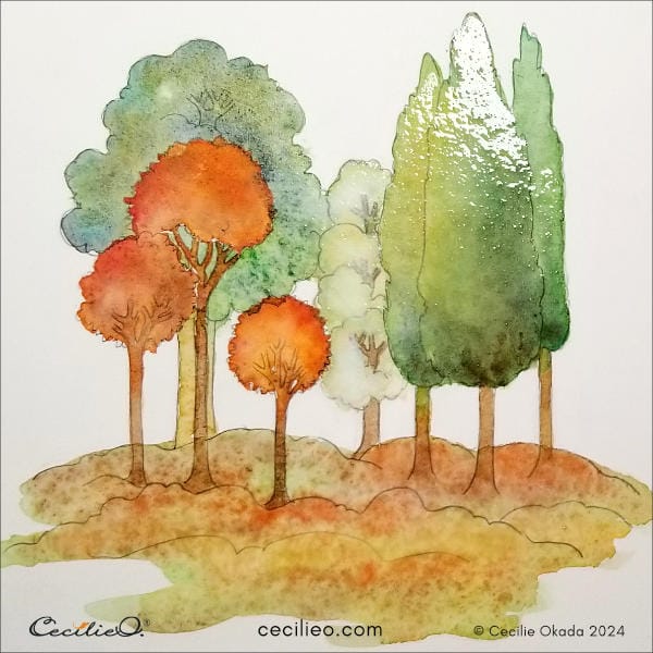 Repainting the long trees with contrast watercolors