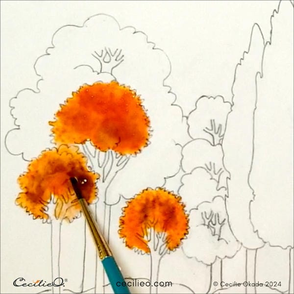 Painting the orange trees with watercolor