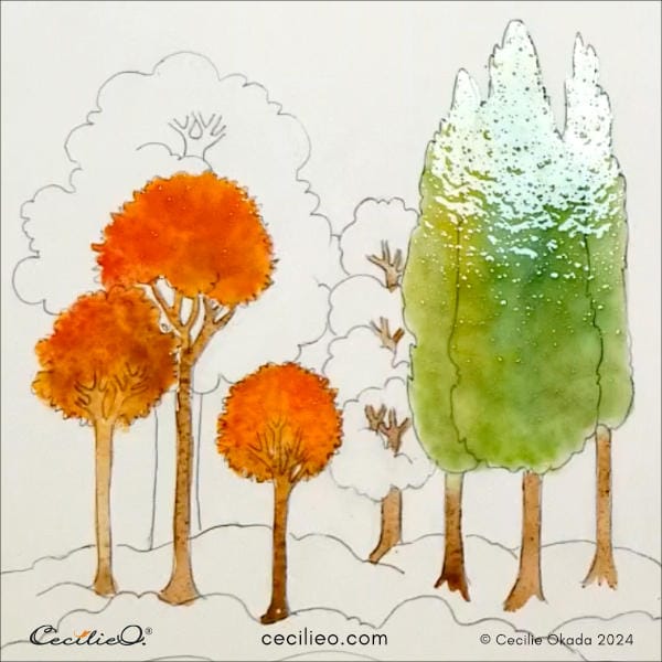 Painting the long green trees with watercolor