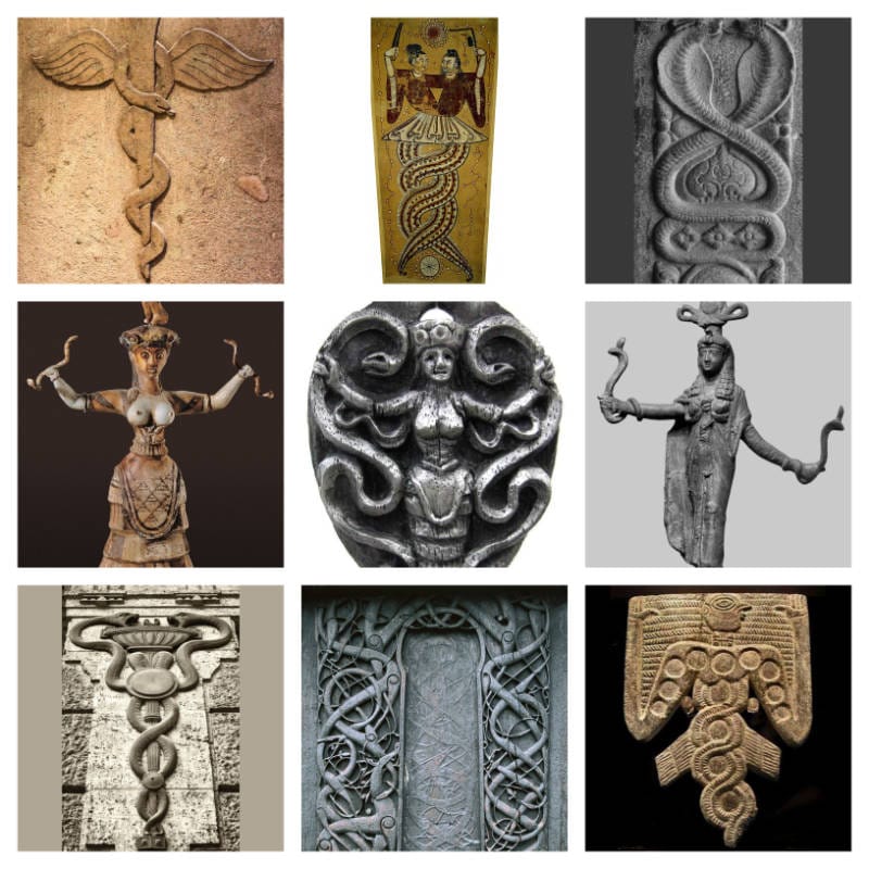 Collection of historical representations of the serpent in various cultures.