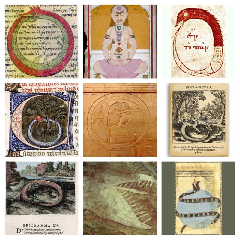 Collection of historical representations of the Ouroboros serpent  & more in various cultures.