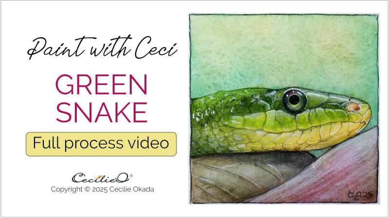 Watch the watercolor and colored pencils recording of the green snake painting tutorial.