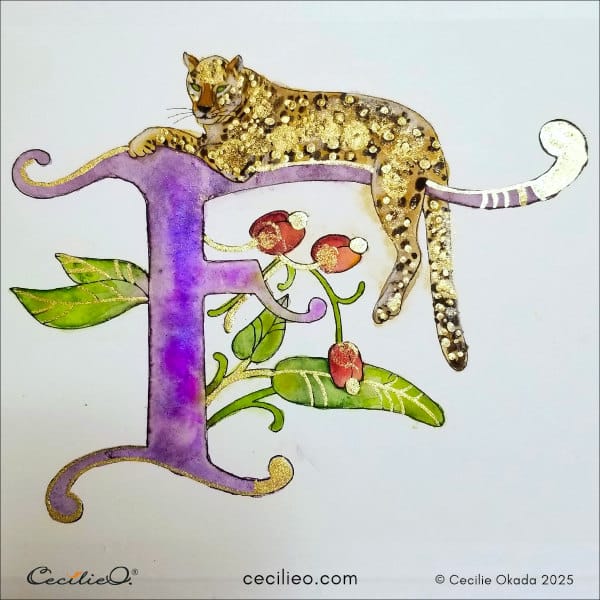 The completed illuminated letter F with a leopard resting on it.