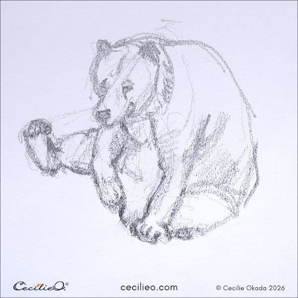 Expressive drawing of a bear sitting in a pouting, moody position.