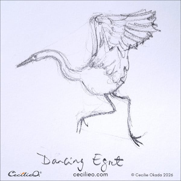 Fluid, rhythmic line art of an egret in a graceful, dancing pose.