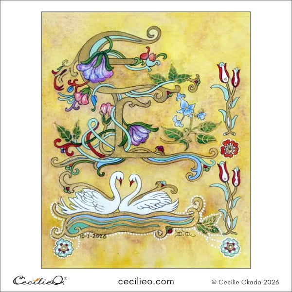 The completed illuminated letters. More than a finished piece, it is a record of a slow and meditative creative journey. (The camera didn’t capture the gold’s glow.) Where will your first stroke take you?