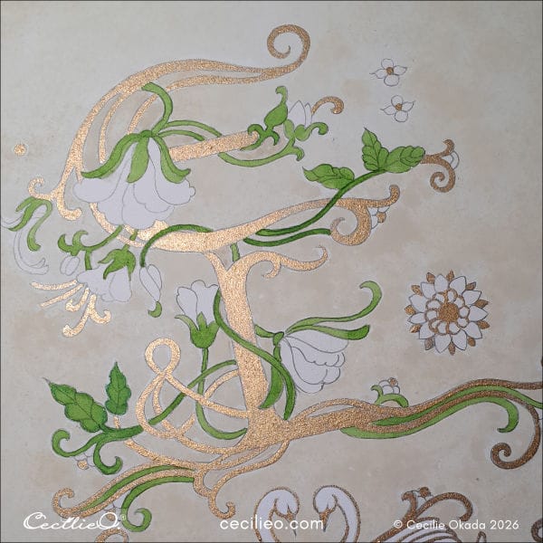 A work-in-progress study of floral illumination and the letters E and L. It is a slow and exacting process.  I use the same creative exercise as described later in this post, but I have been practising for a decade.