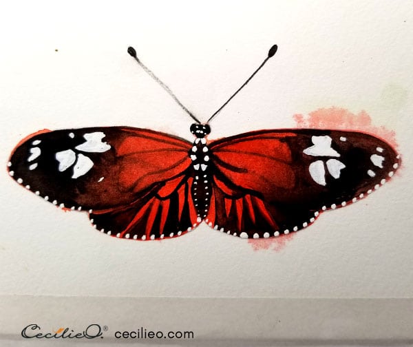 Painting the white pattern on the wings with gouache.