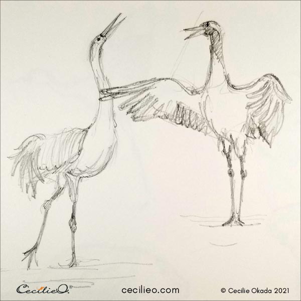 Sketch of cranes engaged in a discussion.