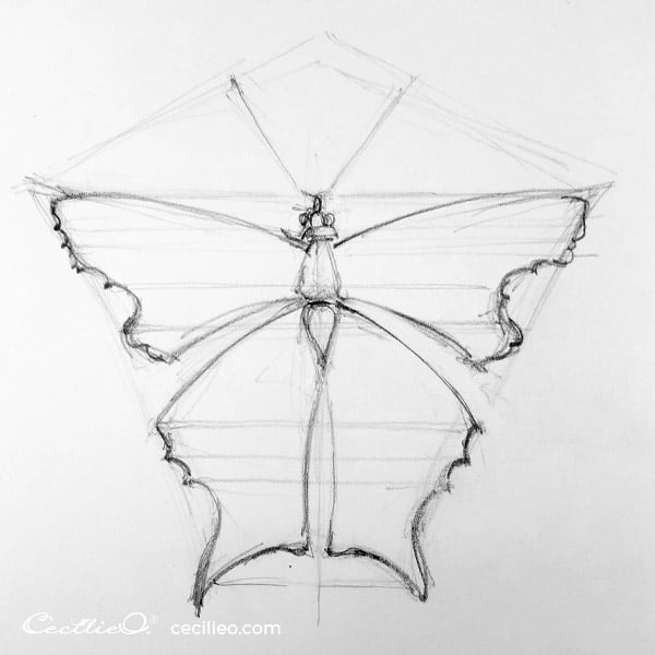 Within the shape you now have constructed, draw the outline of the butterfly