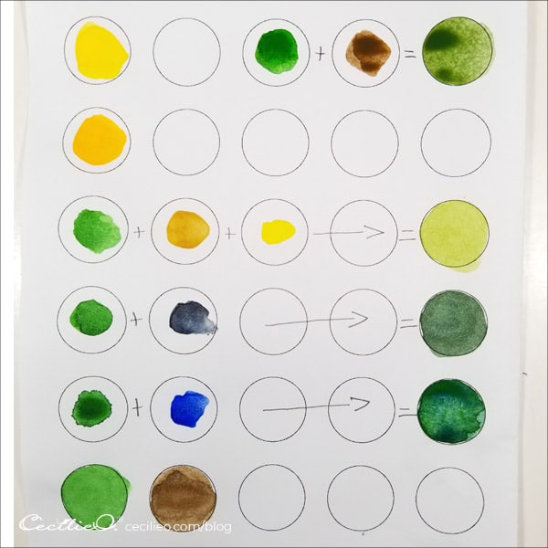 Watercolor swatches used in the painting. 