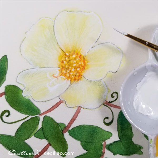 White gouache for the petal highlights