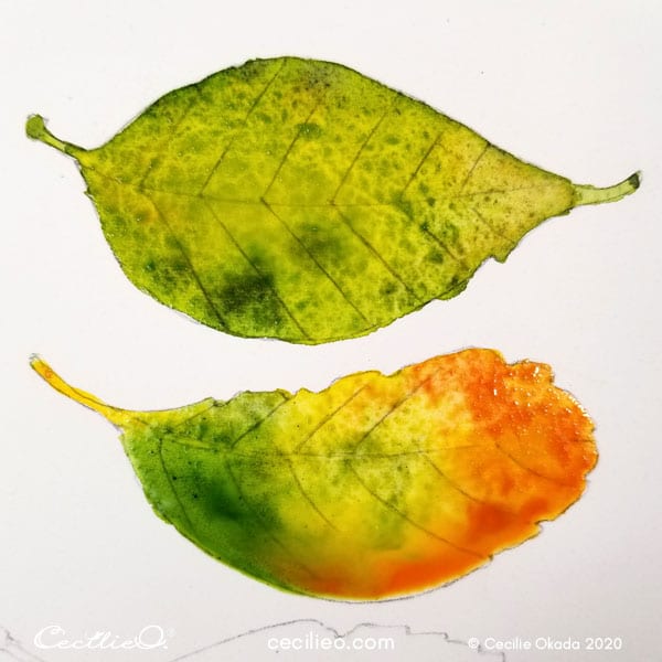 Painting leaf no. two with multiple bright watercolors.