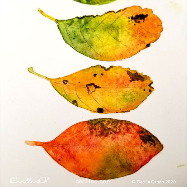 Painting dark spots on the leaves. 