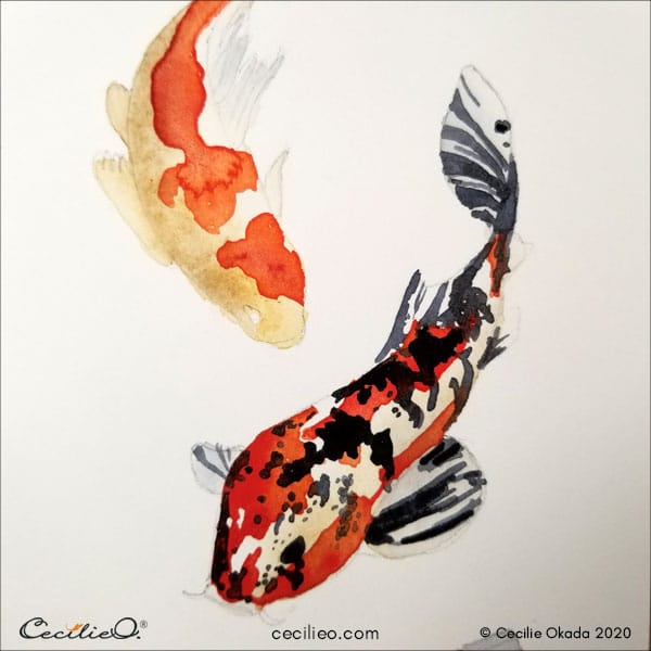 Black watercolor splashes on the koi fish 1.