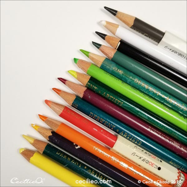 The colored pencils used in this tutorial.