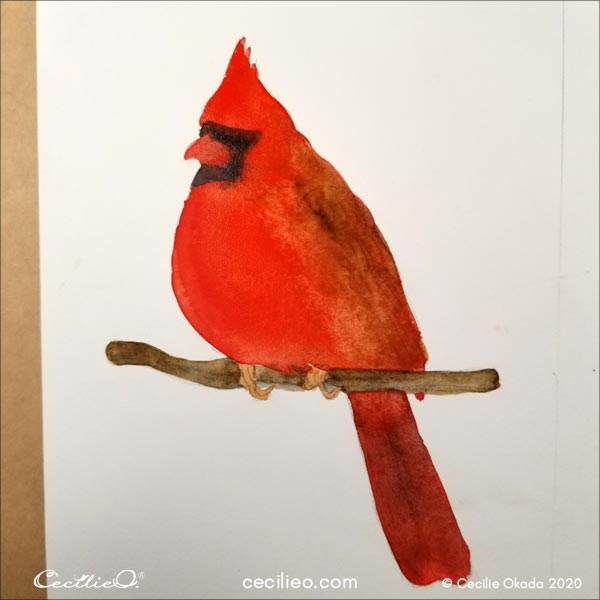 Watercolor with brow and black on certain parts of the bird's body.