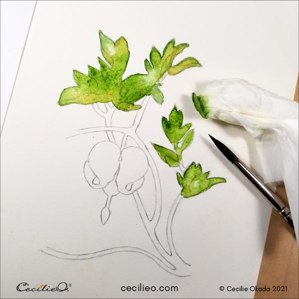 Painting the leaves with watercolor.