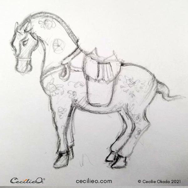 Pencil drawing of a Chinese horse figurine.