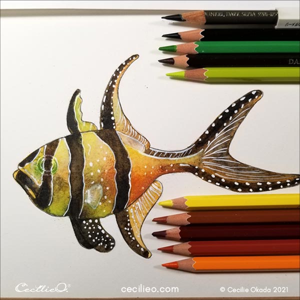 Drawing details with colored pencils.