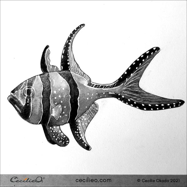 Greyscale version of the completed watercolor fish, to see the color values.