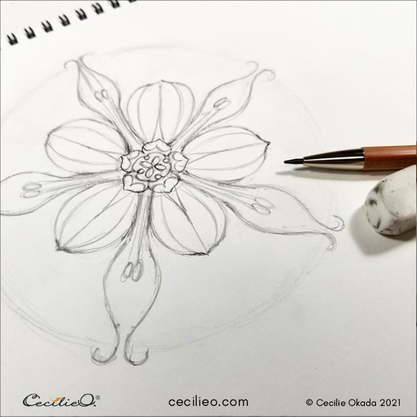 Draw in the details around the circle to complete the mandala drawing. 