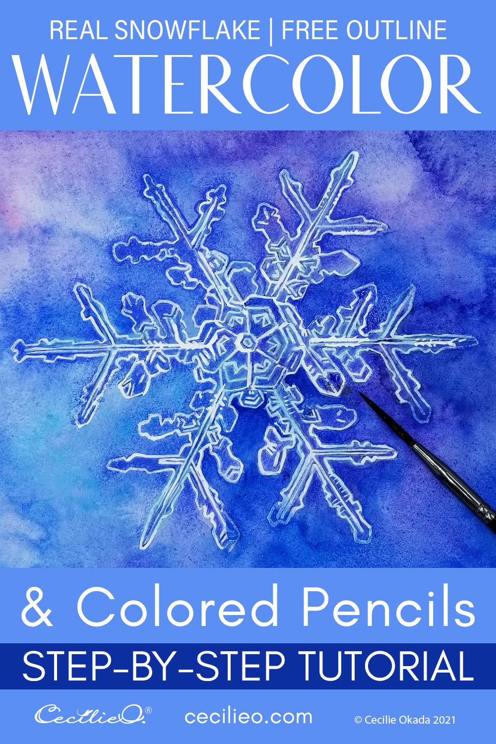 How to watercolor a real snowflake with no sharp, uniform lines. Full of irregularities, the underlying geometric formation i