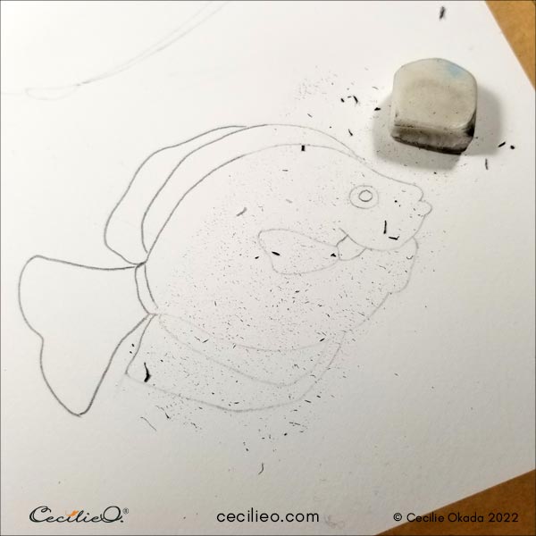 Erasing graphite, leaving only faint lines.