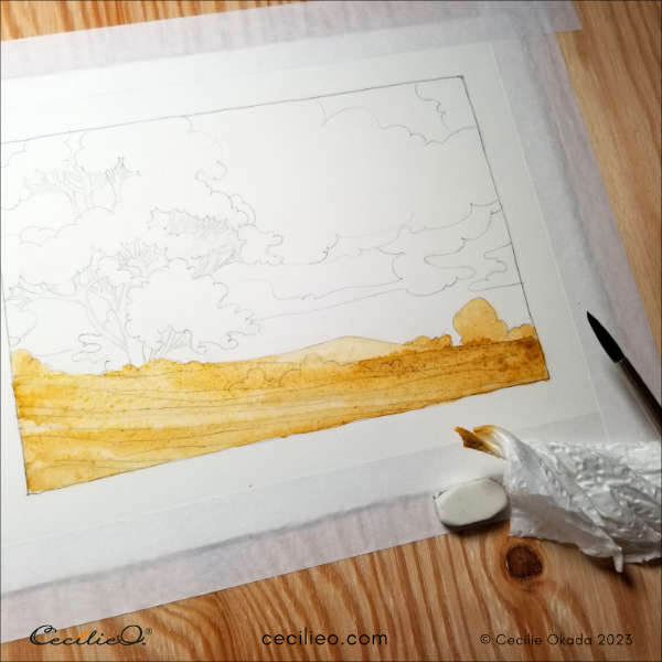 First layers of watercolor, painting the field ochre.