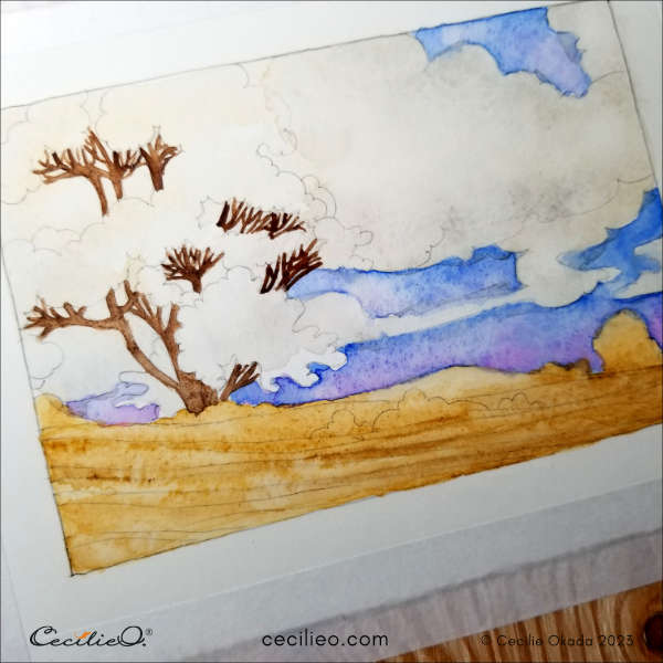 Time to paint the trunk and branches with brown watercolor.