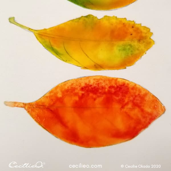 Orange and red watercolors blending on leaf no. four.