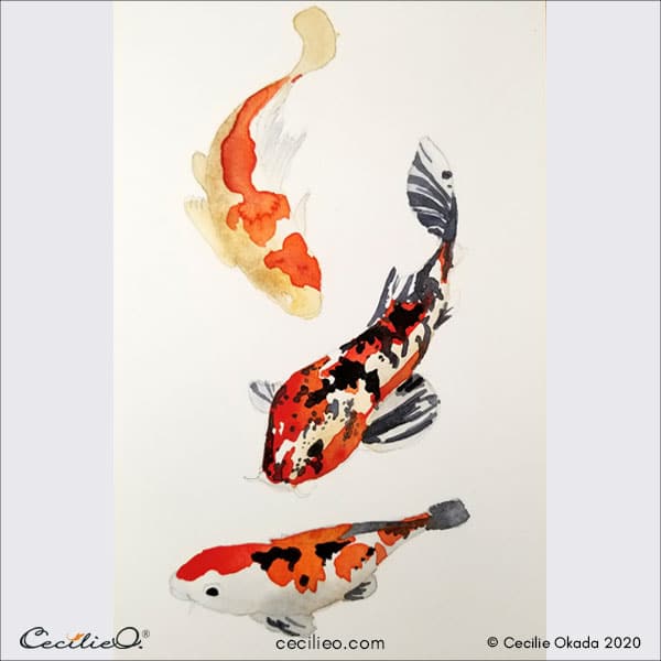 Black watercolor splashes on the koi fish 2.