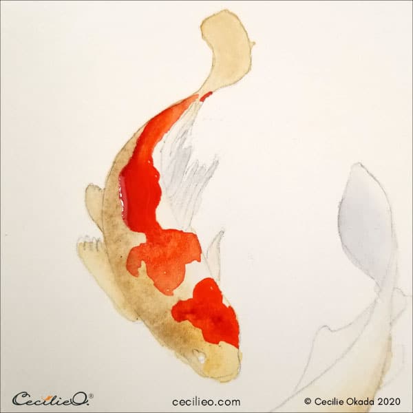 Orange watercolor splashes on the koi fish 1.