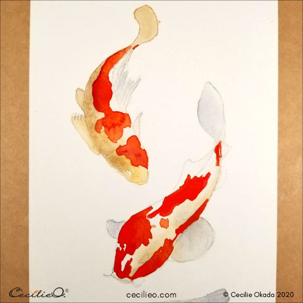 Orange watercolor splashes on the koi fish 2.