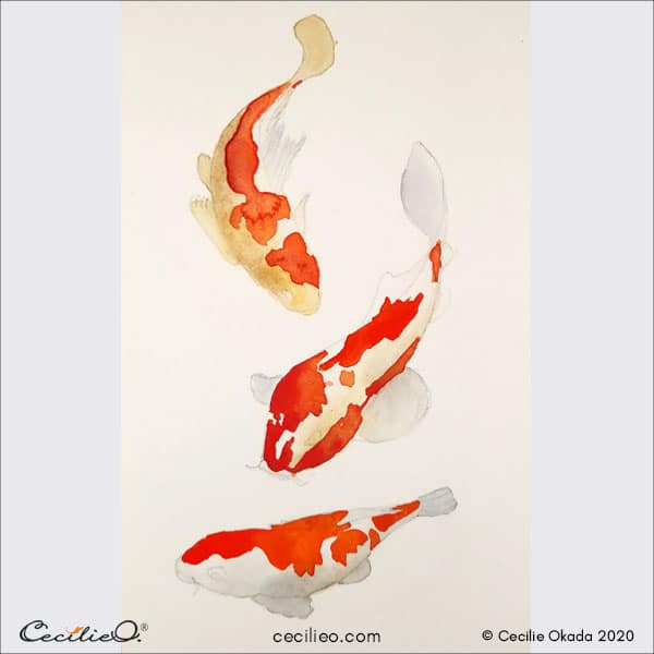 Orange watercolor splashes on the koi fish 4.