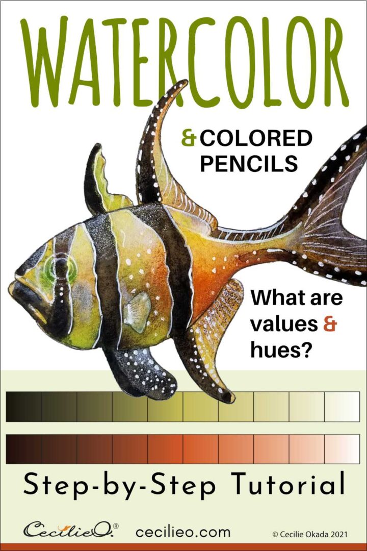 Watercolor values can be a confusing topic. Learn watercolor terms with this easy watercolor tutorial for a tropical fish. Free line art.