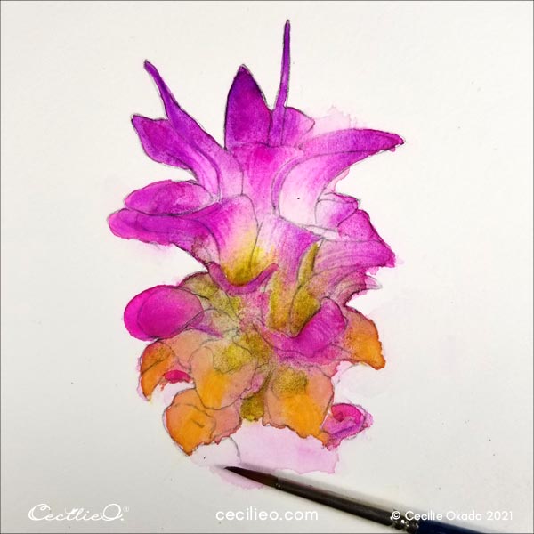 Activating the watercolor pencils.