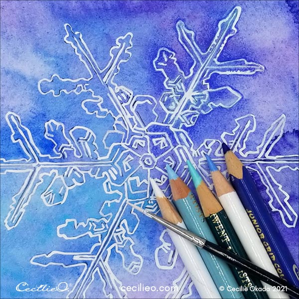 make the snowflake come alive with colored pencils in white and shades of blue.