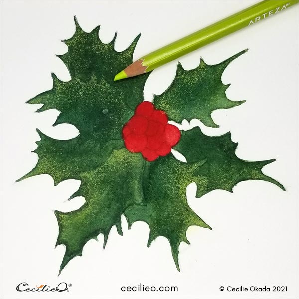Painted the berries bright red. Drawing with a light green color on the leaves for texture. 
