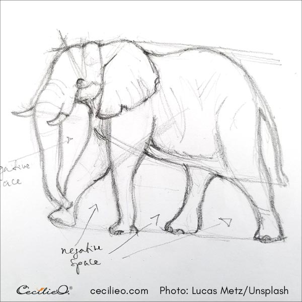 The elephant drawing is completed, with angled lines to aid in the placement of various body parts. 