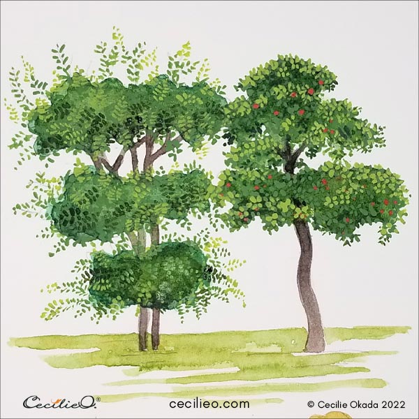 I have painted the trees with leaves of many small leaves, from dark to medium to light.