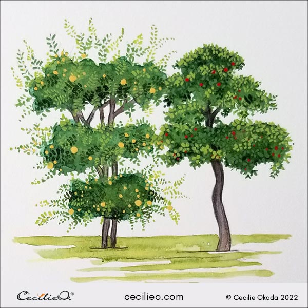 Two trees are completed, painted in the spirit of Eastern art with watercolor and gouache. 