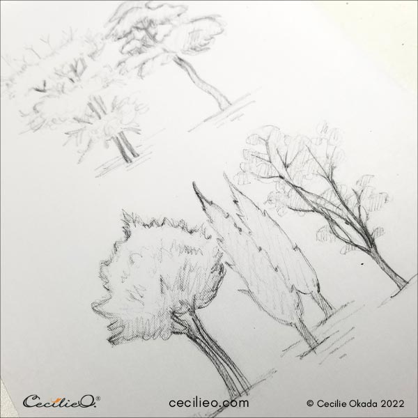 The 5 tree sketches have been arranged in a composition.