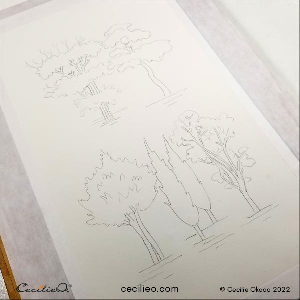 The 5 trees have been traced and transferred to watercolor paper.