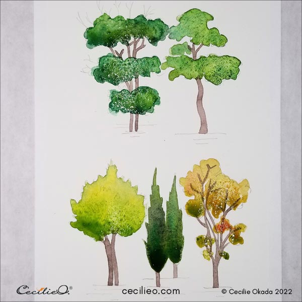I have painted all 4 trees with a watercolor base, mixing many greens, ochre and red.