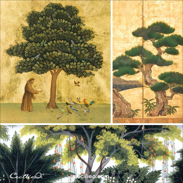 Top left an Asian-inspired tree by Jethro Buck, right a Japanese tree painting, bottom an Indian tree painting. 