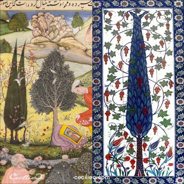 Cypress trees in a Persian illustration  and Islamic pottery to the right. 