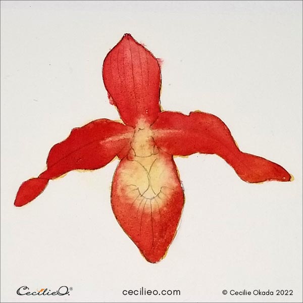 Painting the orchid red over the ochre, and soaking up watercolor pigments where ochre needs to show. 