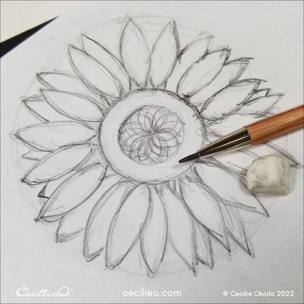 Freehand drawing of the sunflower center step 8.
