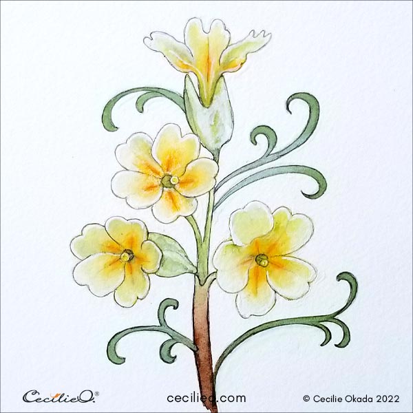The completed watercolor for beginners of a primrose flower.